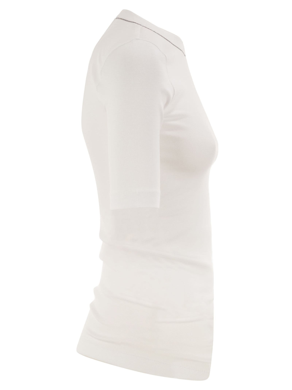 BRUNELLO CUCINELLI Brunello Cucinelli Women Ribbed Stretch Cotton T-Shirt With Monili Trim