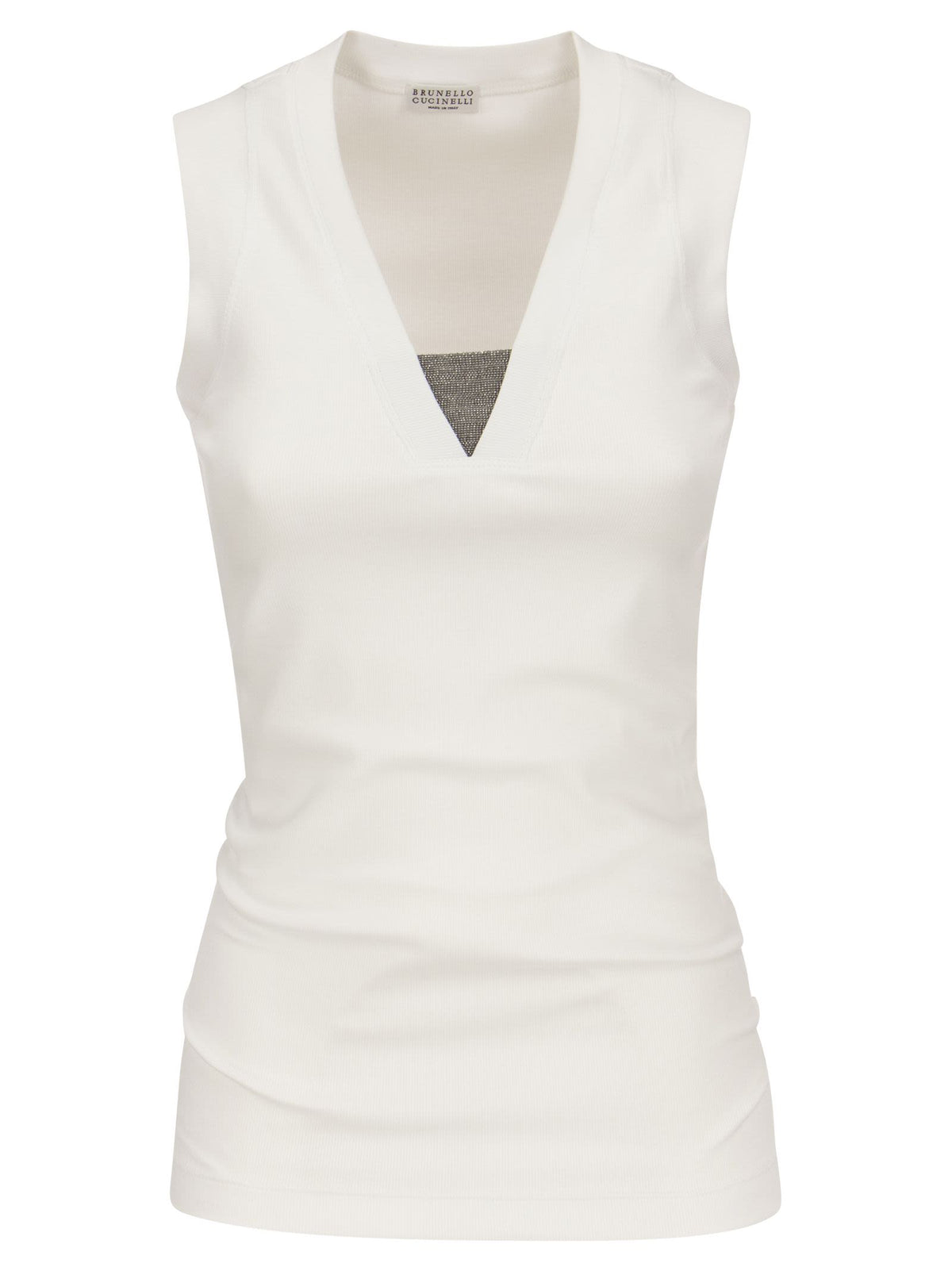 Brunello Cucinelli Women Stretch Cotton Rib Jersey Top With "Precious Insert"