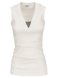 Brunello Cucinelli Women Stretch Cotton Rib Jersey Top With "Precious Insert"