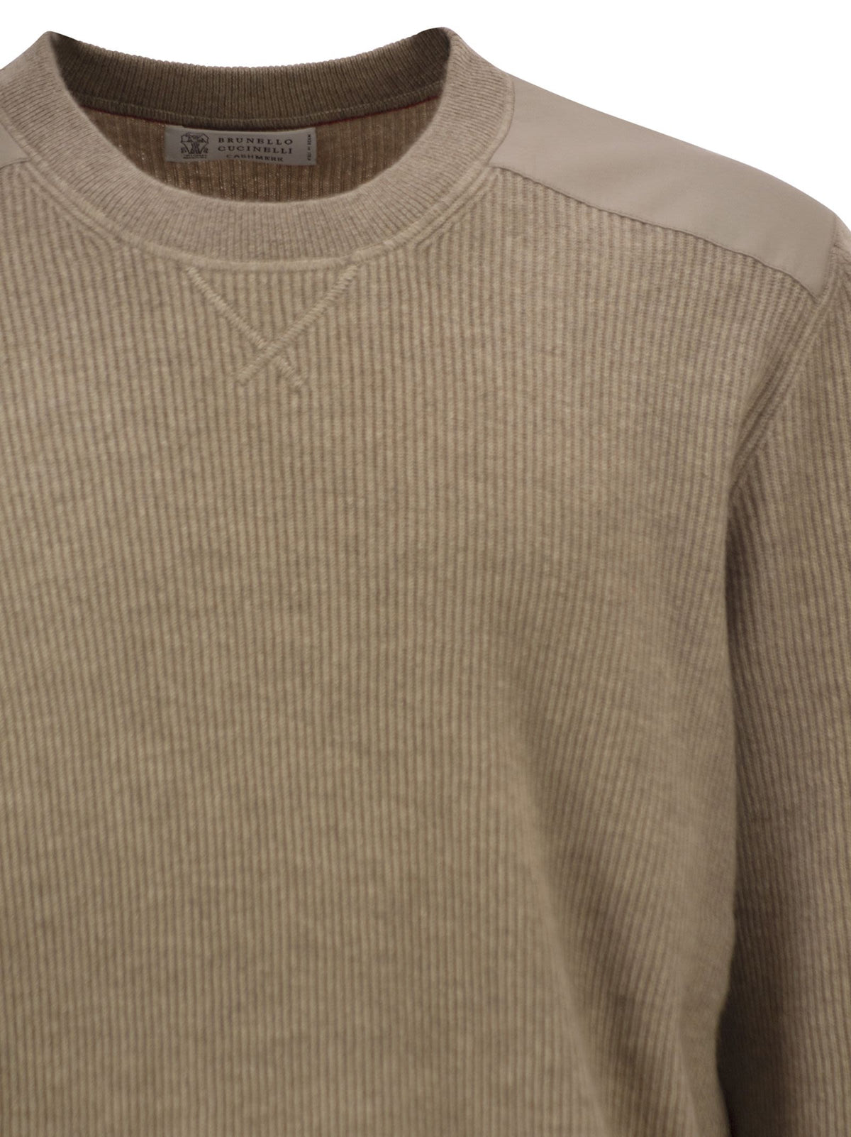 Brunello Cucinelli Men Pure Cashmere Ribbed Crew-Neck Sweater With Cotton Details
