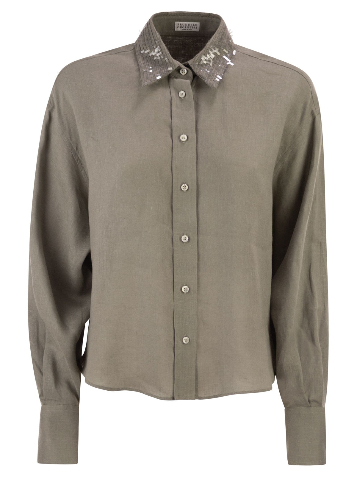 Brunello Cucinelli Women Linen Shirt With Sequin-Embroidered Collar