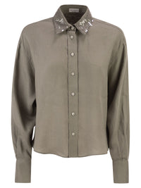 Brunello Cucinelli Women Linen Shirt With Sequin-Embroidered Collar