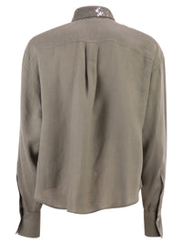 Brunello Cucinelli Women Linen Shirt With Sequin-Embroidered Collar