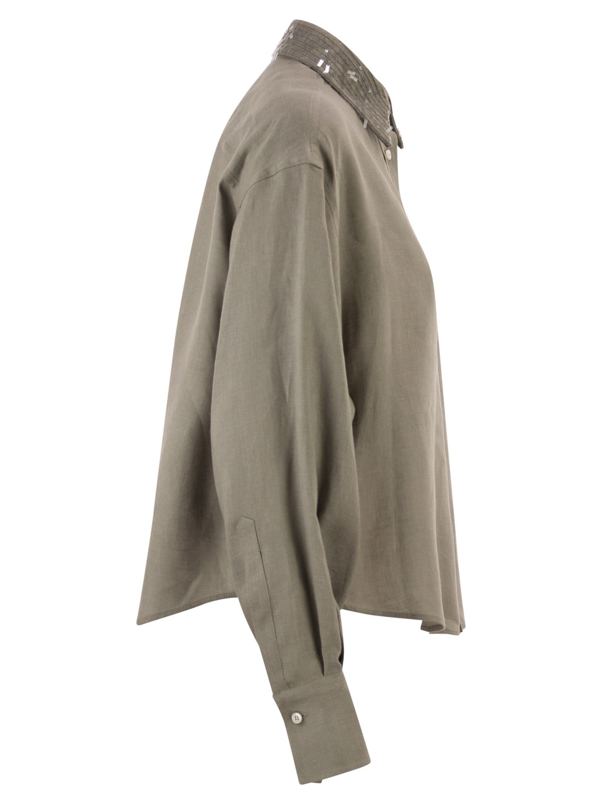 Brunello Cucinelli Women Linen Shirt With Sequin-Embroidered Collar