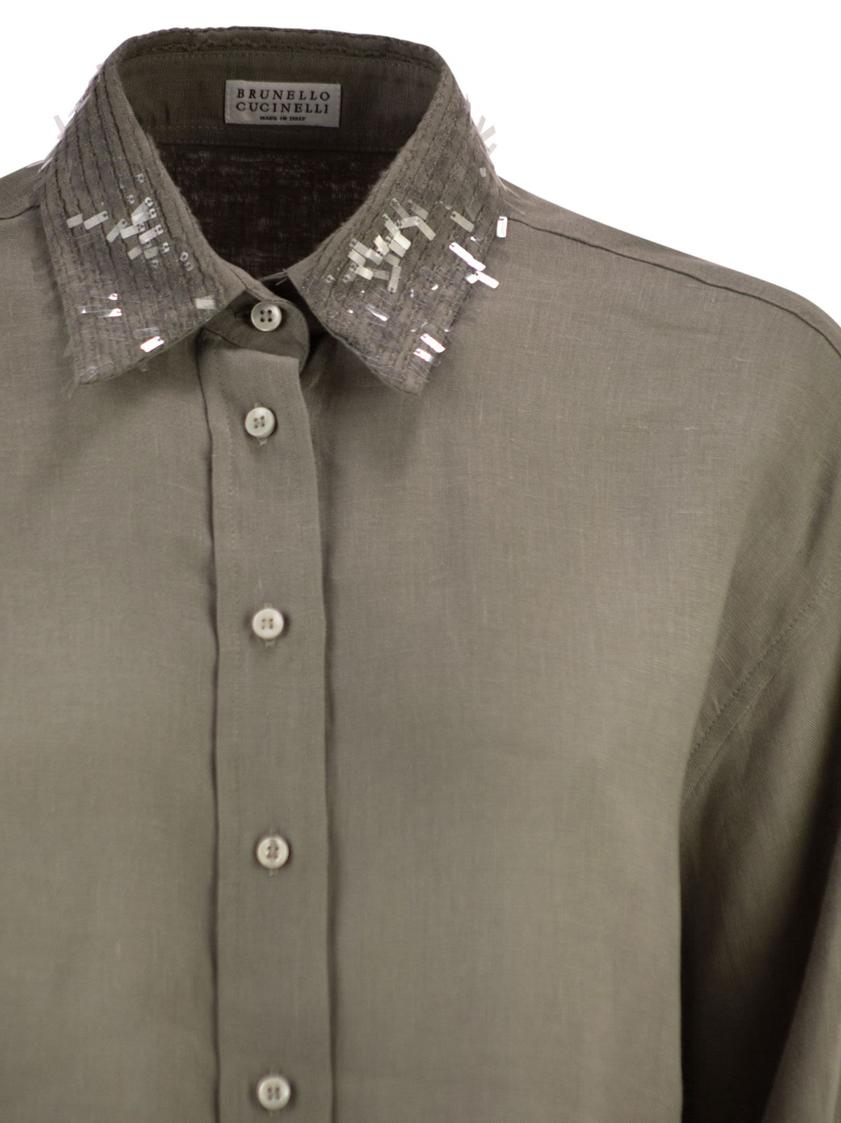 Brunello Cucinelli Women Linen Shirt With Sequin-Embroidered Collar