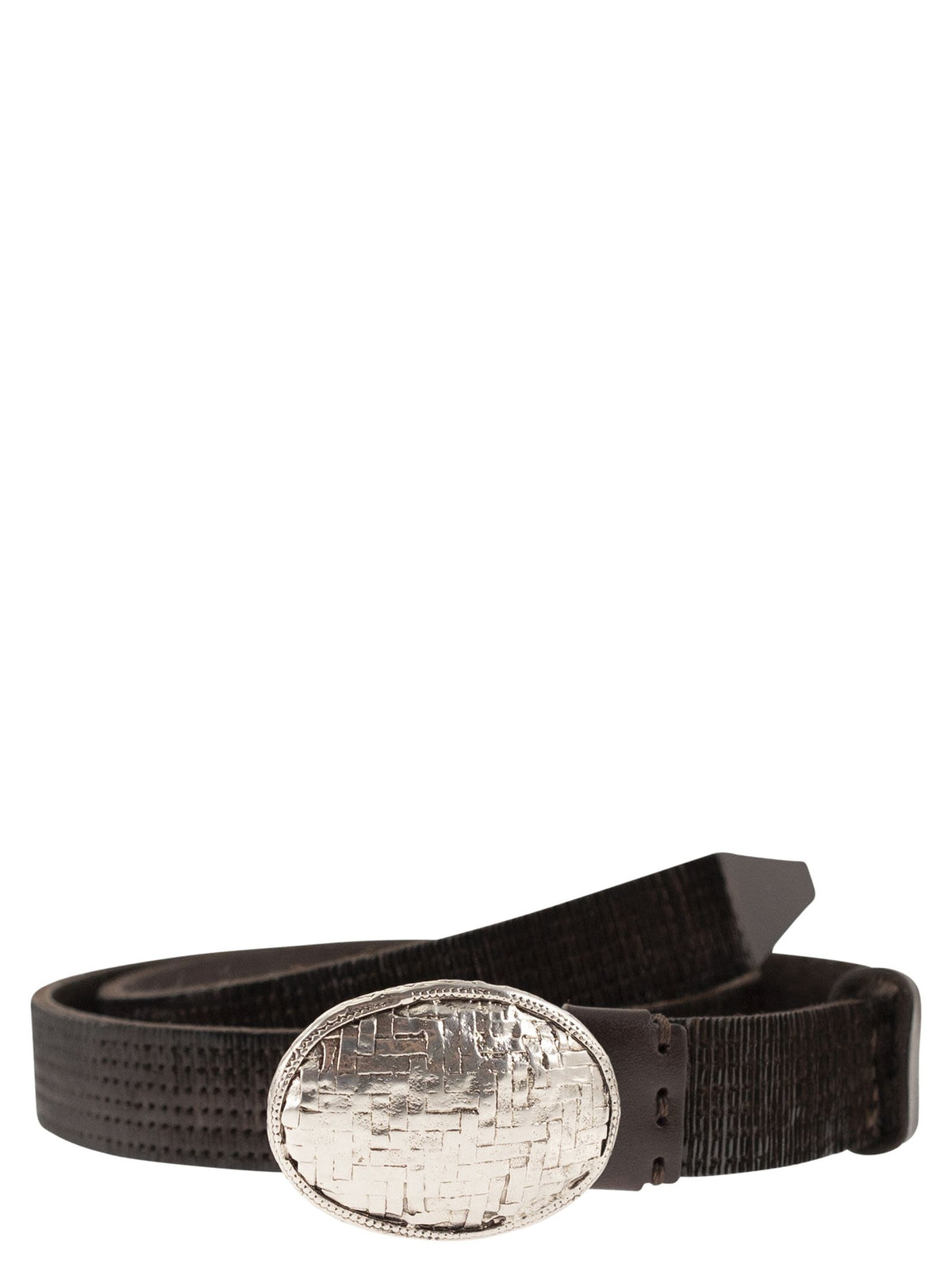 Brunello Cucinelli Men Embossed Leather Belt With Oval Buckle