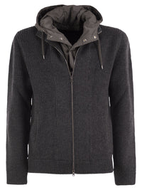 Herno Men Rib-Knit Cardigan With Removable Bib And Hood