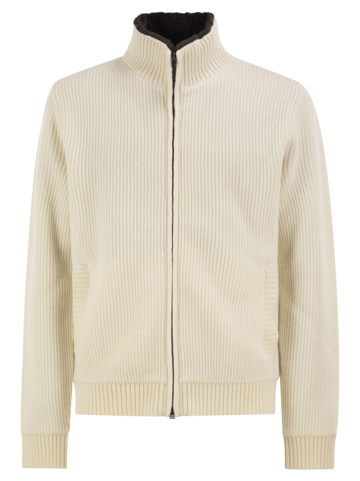 Herno Men Pure Wool Knit Jacket With High Collar And Faux Fur Lining