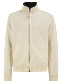 Herno Men Pure Wool Knit Jacket With High Collar And Faux Fur Lining