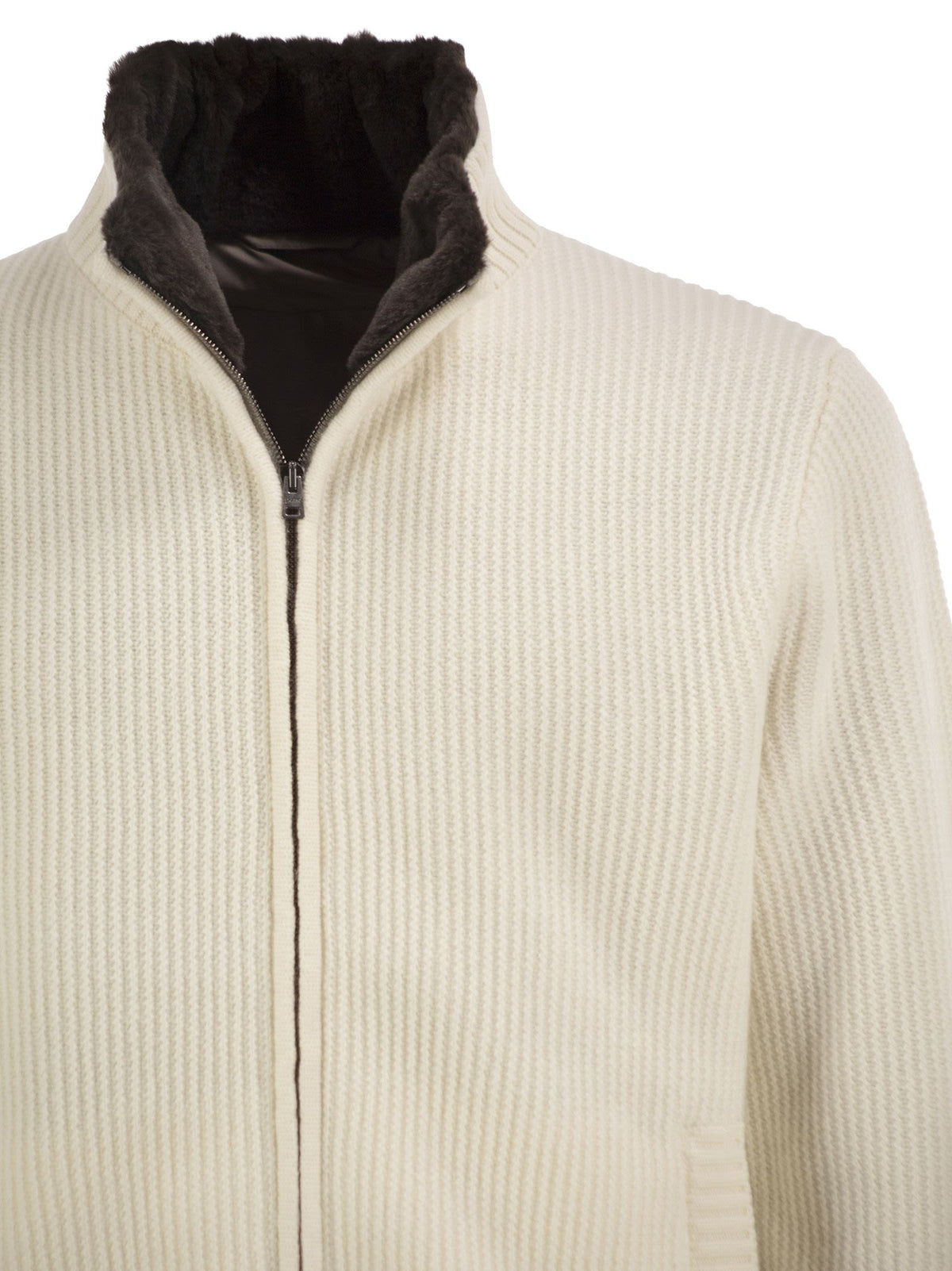 Herno Men Pure Wool Knit Jacket With High Collar And Faux Fur Lining