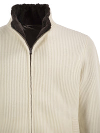 Herno Men Pure Wool Knit Jacket With High Collar And Faux Fur Lining