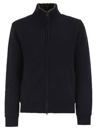 Herno Men Pure Wool Knit Jacket With High Collar And Faux Fur Lining