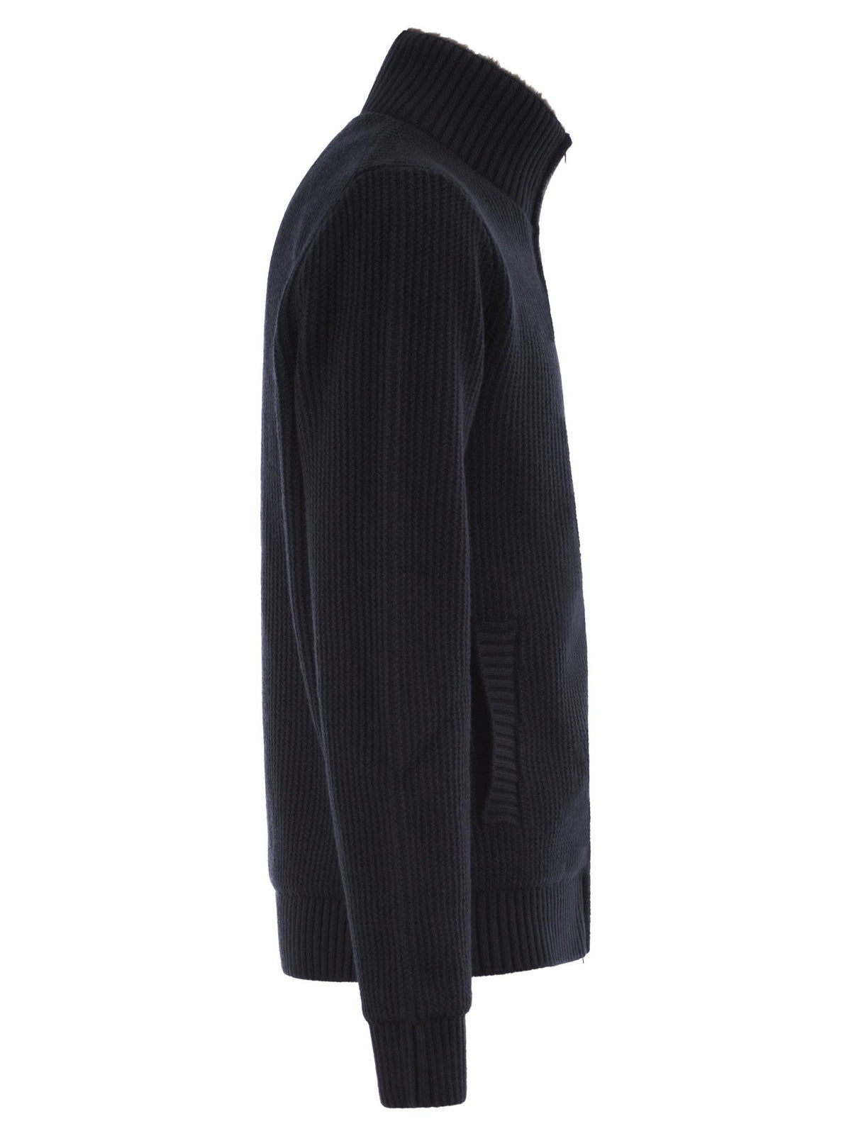 Herno Men Pure Wool Knit Jacket With High Collar And Faux Fur Lining