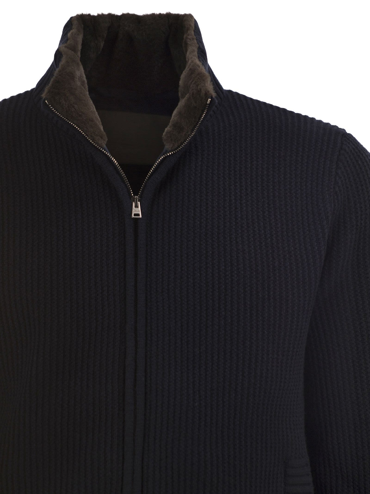 Herno Men Pure Wool Knit Jacket With High Collar And Faux Fur Lining