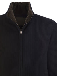Herno Men Pure Wool Knit Jacket With High Collar And Faux Fur Lining