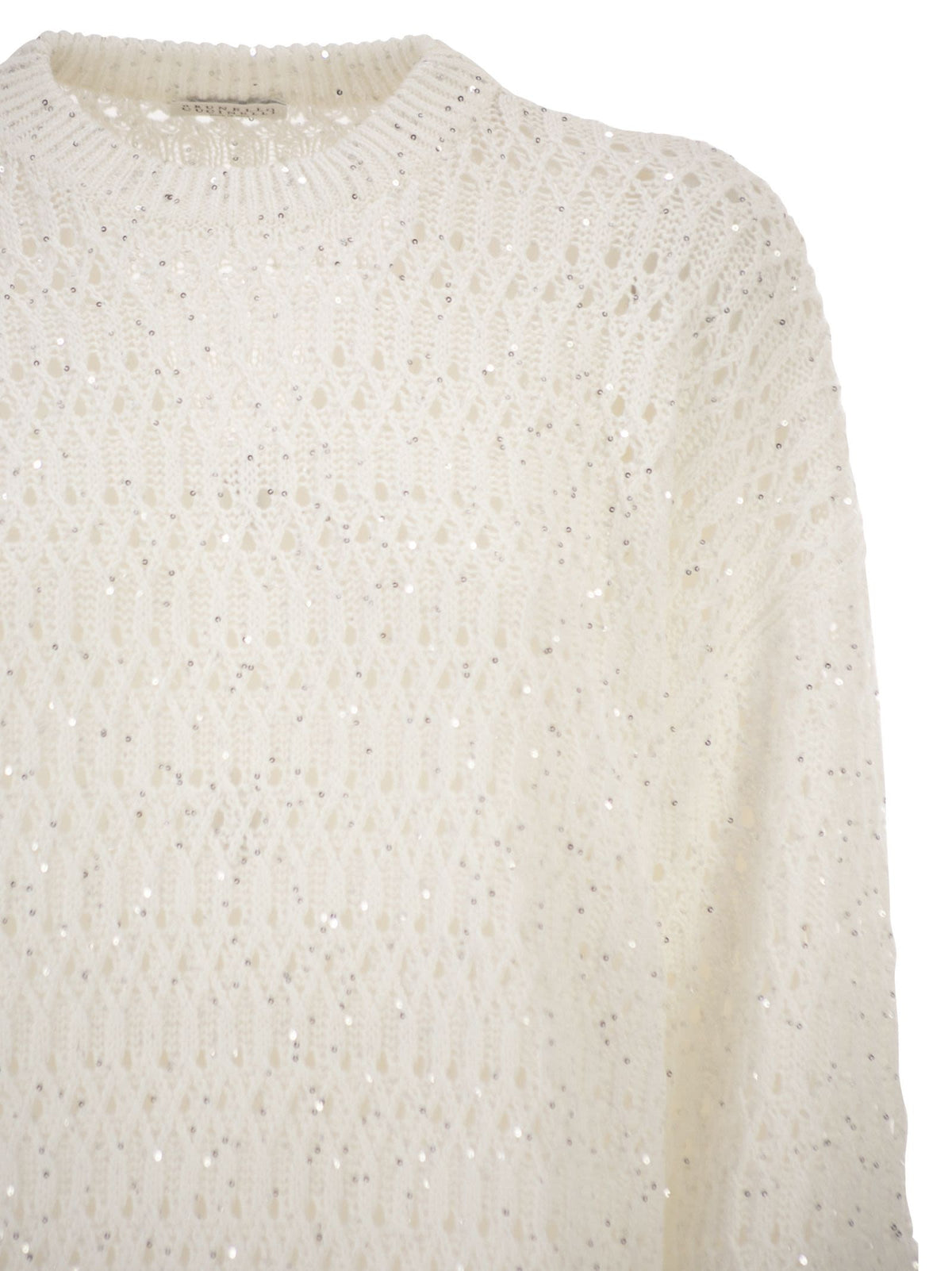 Brunello Cucinelli Women Linen Openwork Crew Neck Jumper With Sequins