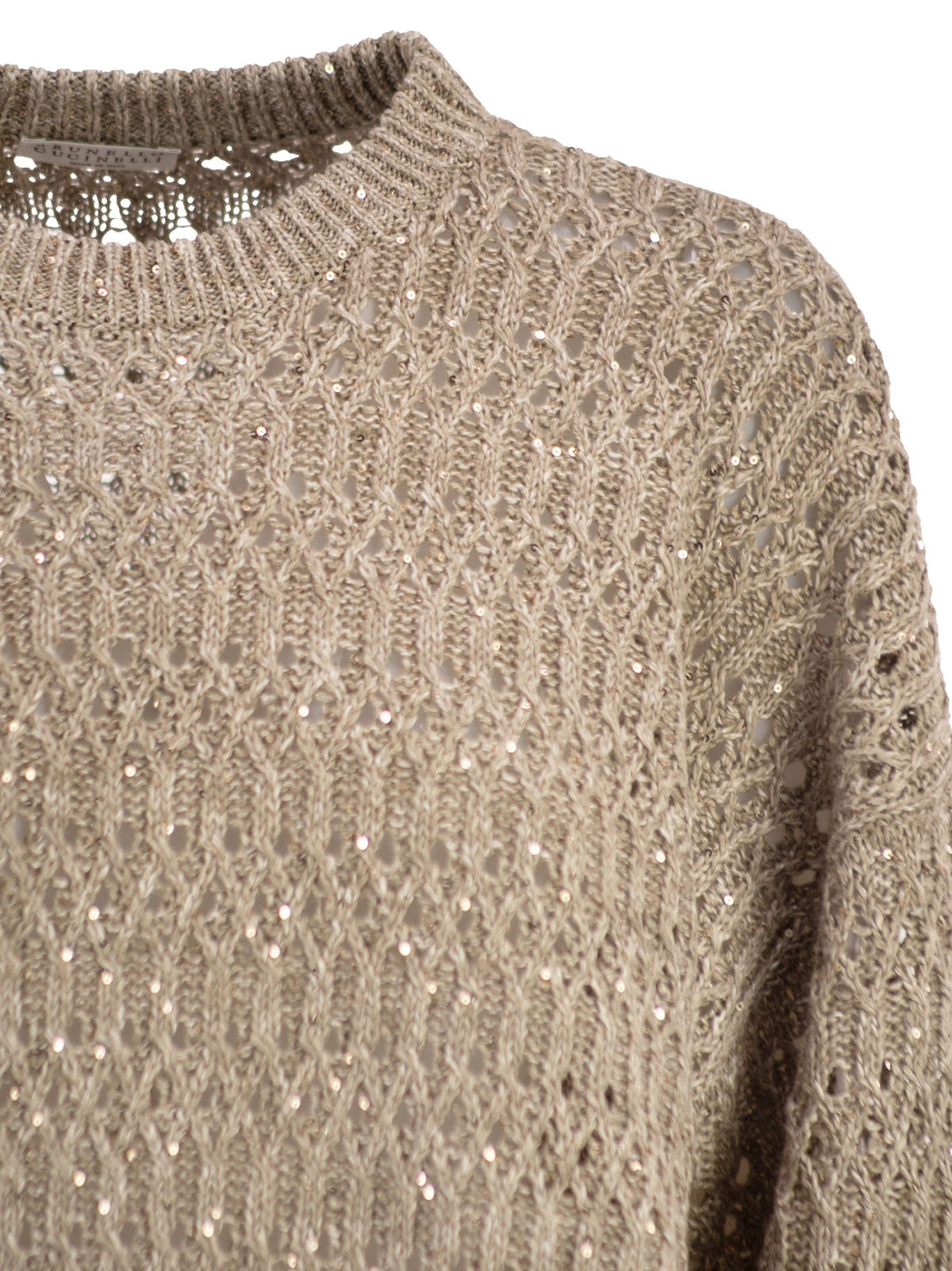 Brunello Cucinelli Women Linen Openwork Crew Neck Jumper With Sequins