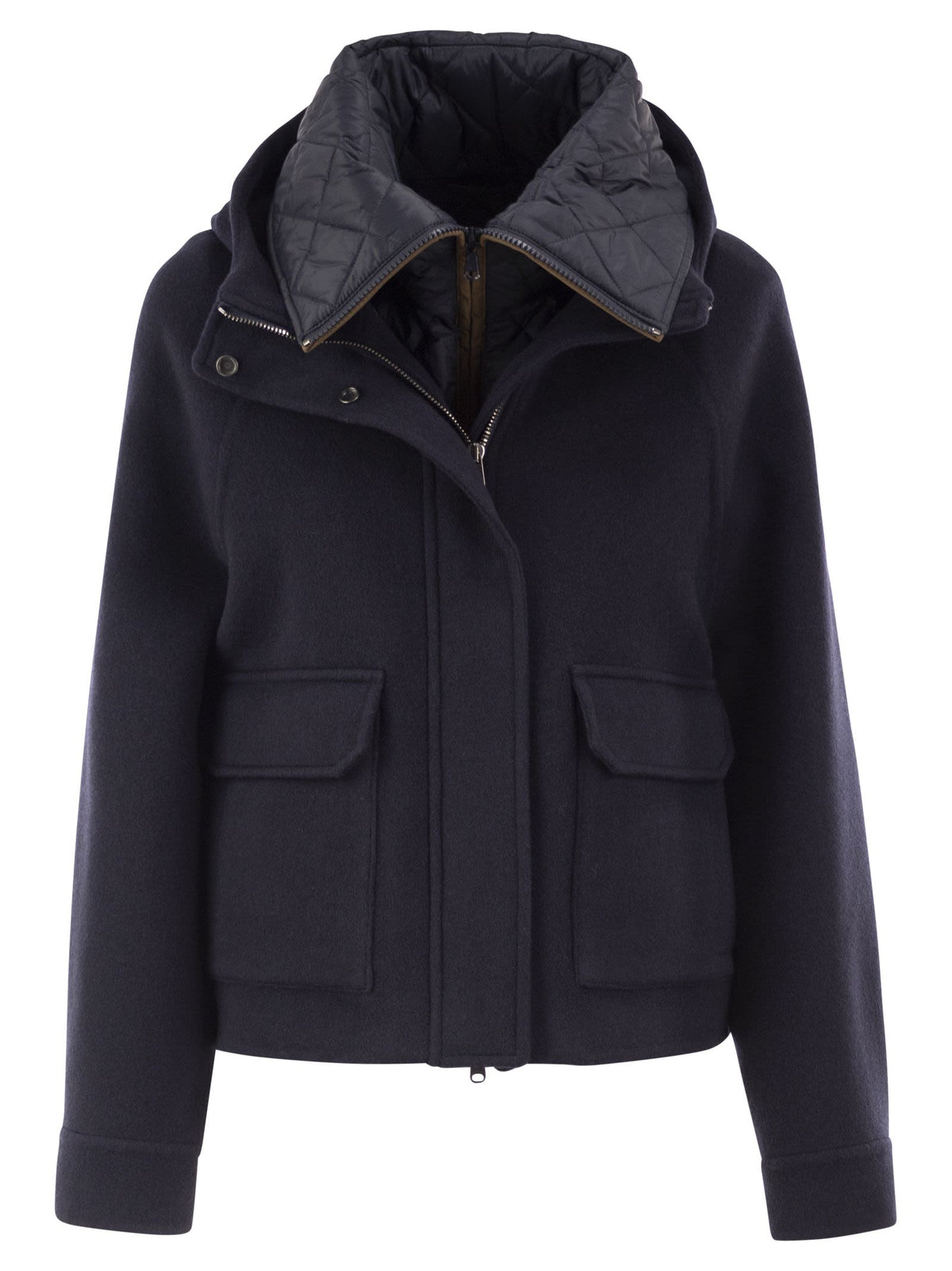 Brunello Cucinelli Women Wool And Cashmere Hooded Jacket With Detachable Quilted Bib