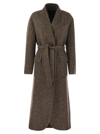 BRUNELLO CUCINELLI Brunello Cucinelli Women Wool And Cashmere Diagonal Mélange Coat With Belt And Necklace
