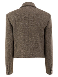 Brunello Cucinelli Women Double-Breasted Herringbone Blazer With Subtle Shimmer