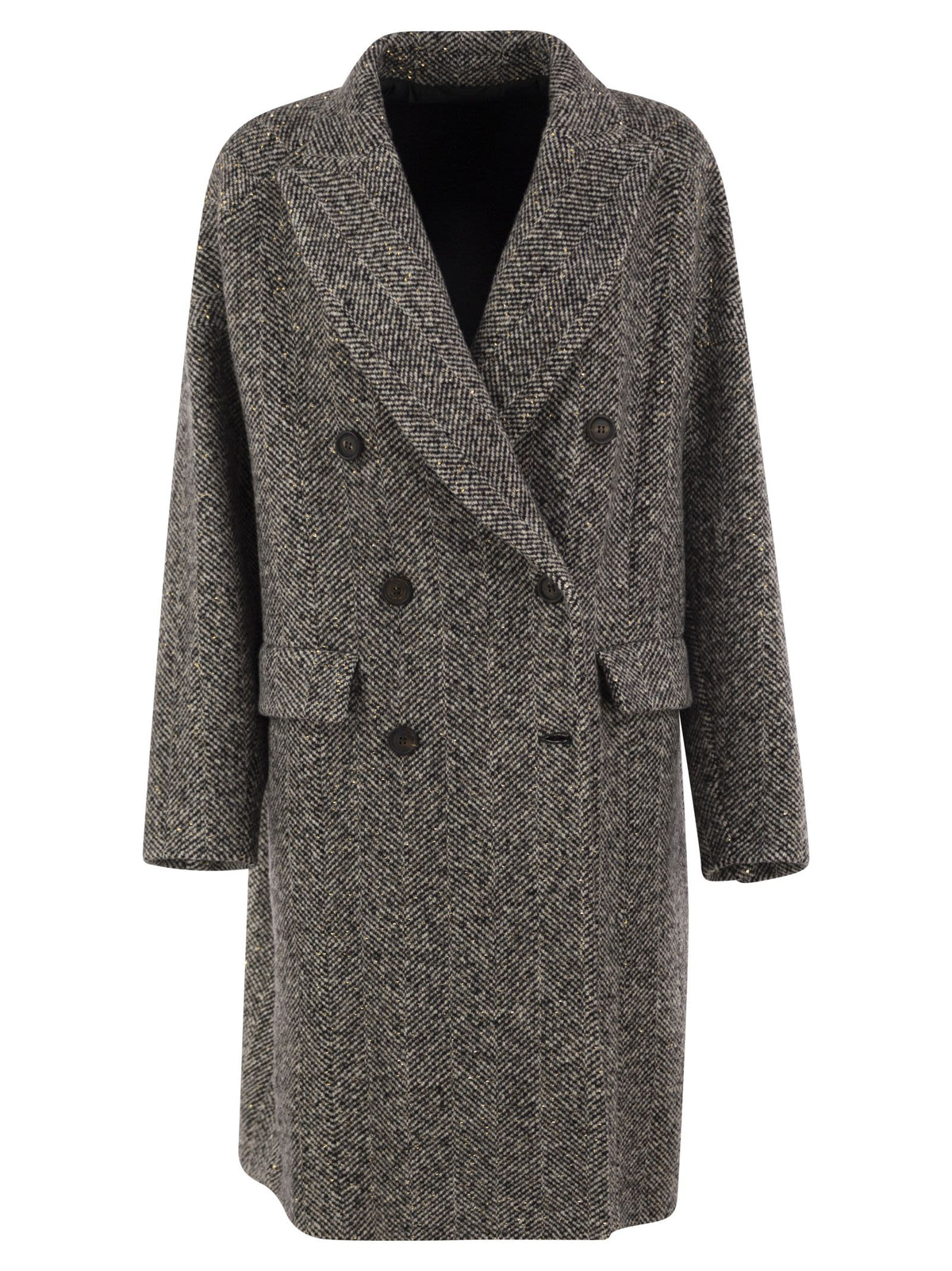 Brunello Cucinelli Women Double-Breasted Herringbone Wool Coat With Sequins