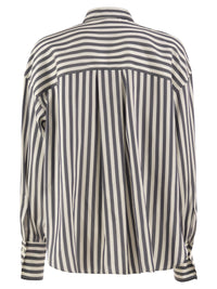 Brunello Cucinelli Women Striped Silk Shirt With Knitted Insert