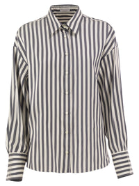Brunello Cucinelli Women Striped Silk Shirt With Knitted Insert