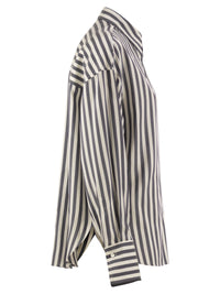 Brunello Cucinelli Women Striped Silk Shirt With Knitted Insert