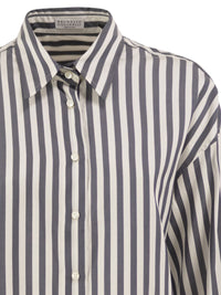 Brunello Cucinelli Women Striped Silk Shirt With Knitted Insert