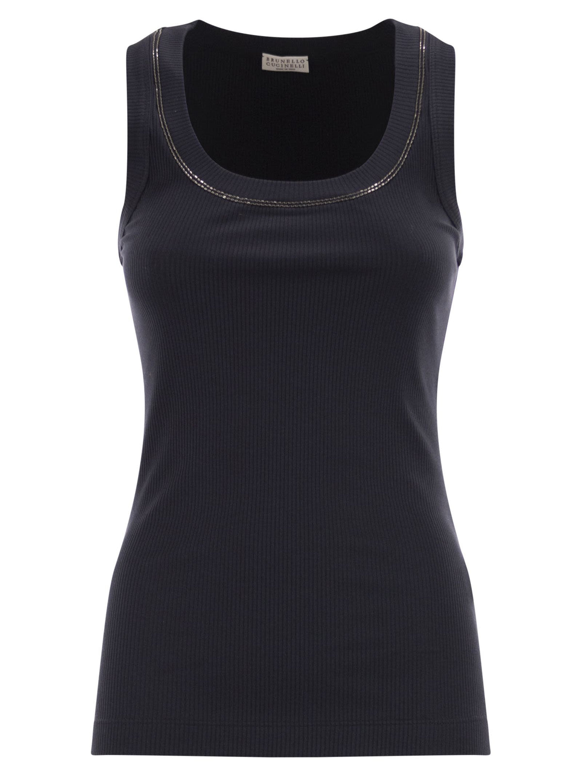 Brunello Cucinelli Women Sleeveless Ribbed Top In Stretch Cotton With Jewelled Trim
