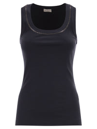Brunello Cucinelli Women Sleeveless Ribbed Top In Stretch Cotton With Jewelled Trim