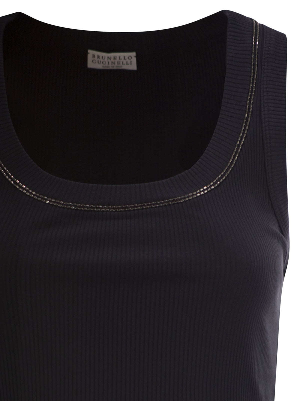 Brunello Cucinelli Women Sleeveless Ribbed Top In Stretch Cotton With Jewelled Trim