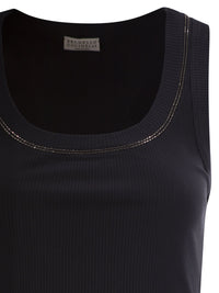 Brunello Cucinelli Women Sleeveless Ribbed Top In Stretch Cotton With Jewelled Trim