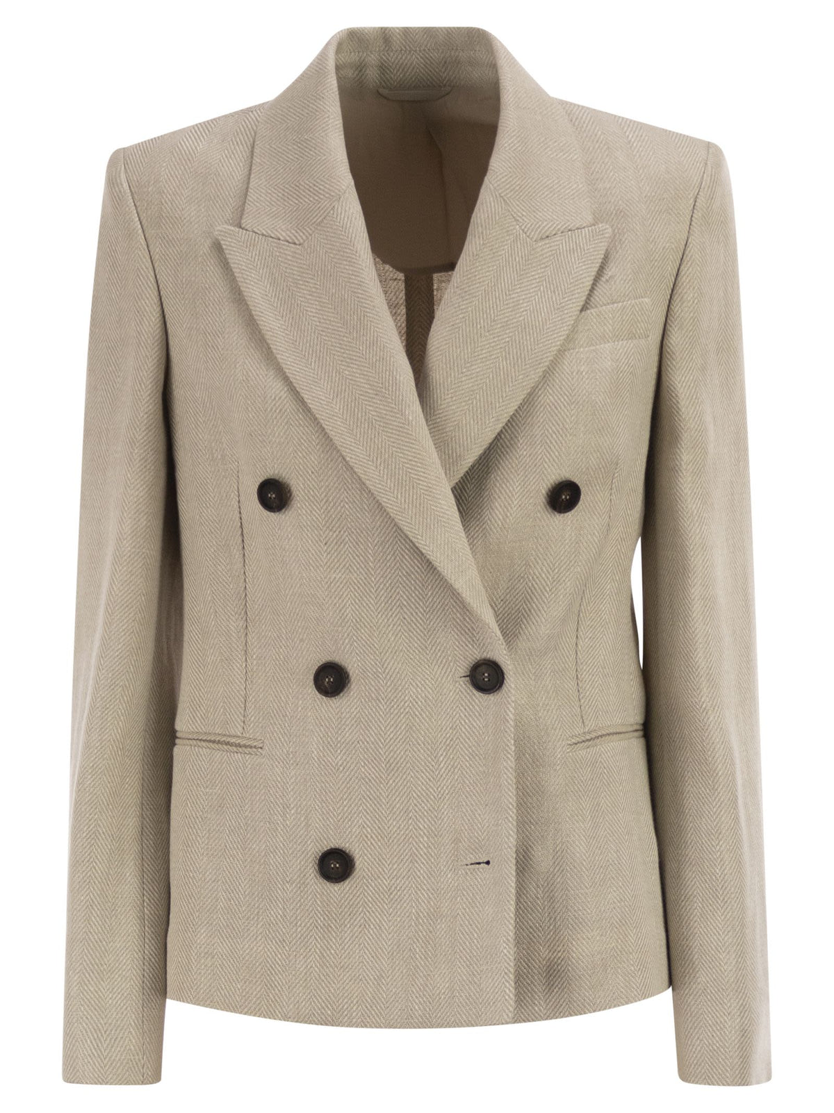 Brunello Cucinelli Women Double-Breasted Jacket In Linen And Cotton With Chevron Pattern