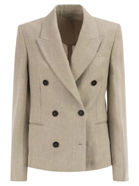 Brunello Cucinelli Women Double-Breasted Jacket In Linen And Cotton With Chevron Pattern