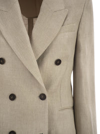 Brunello Cucinelli Women Double-Breasted Jacket In Linen And Cotton With Chevron Pattern