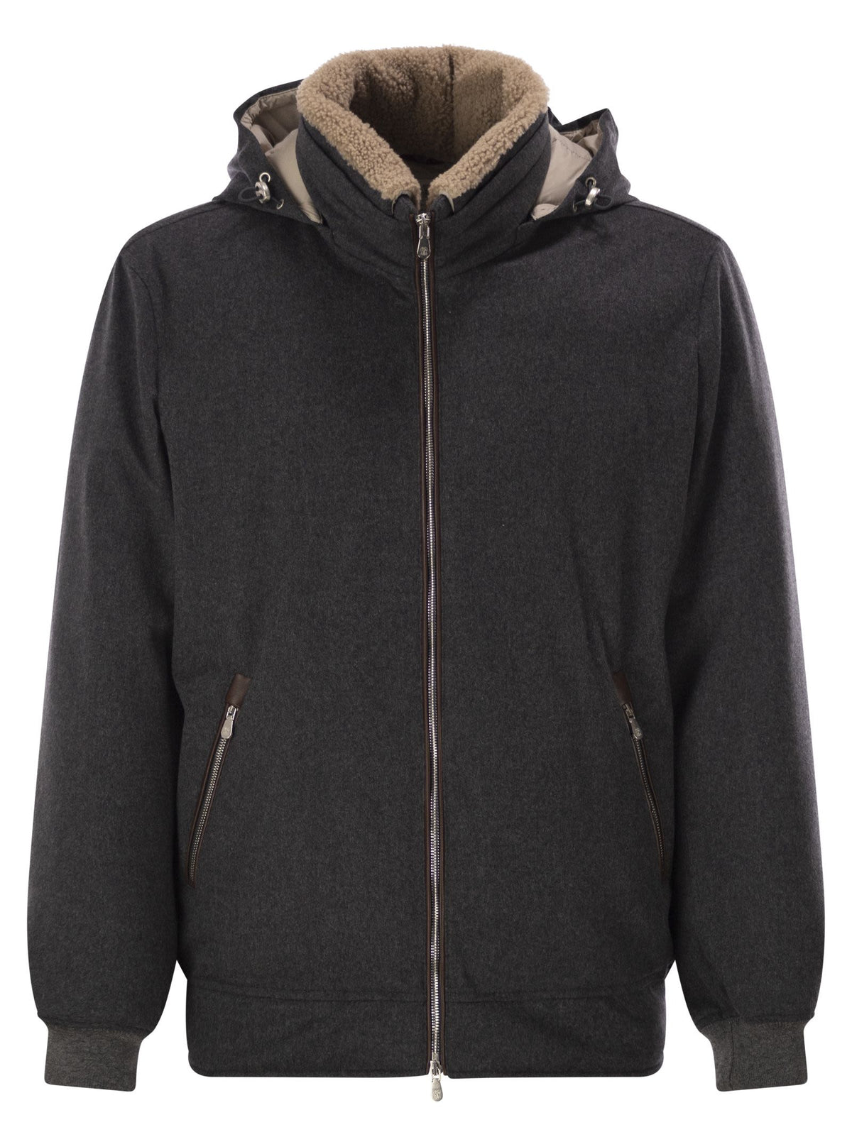 Brunello Cucinelli Men Membranated Wool Flannel Down Jacket With Shearling-Lined Collar