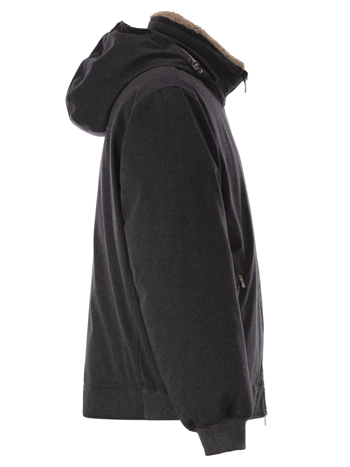 Brunello Cucinelli Men Membranated Wool Flannel Down Jacket With Shearling-Lined Collar