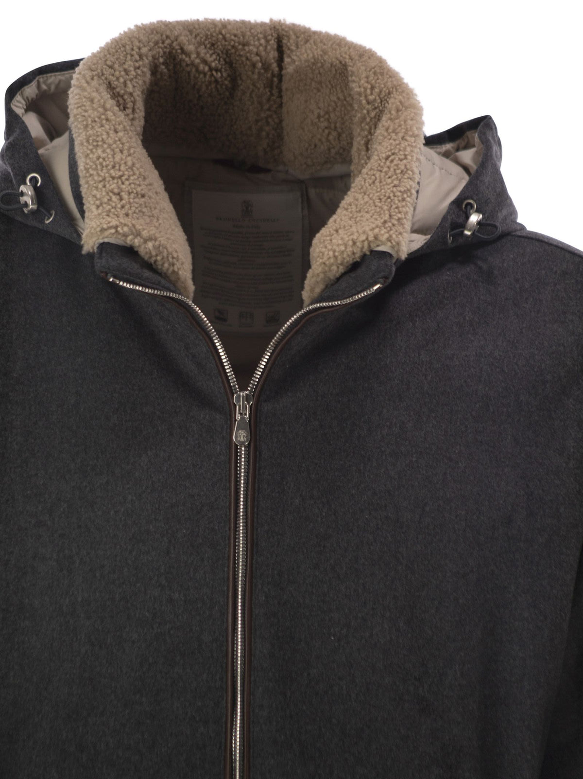 Brunello Cucinelli Men Membranated Wool Flannel Down Jacket With Shearling-Lined Collar