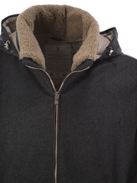 Brunello Cucinelli Men Membranated Wool Flannel Down Jacket With Shearling-Lined Collar
