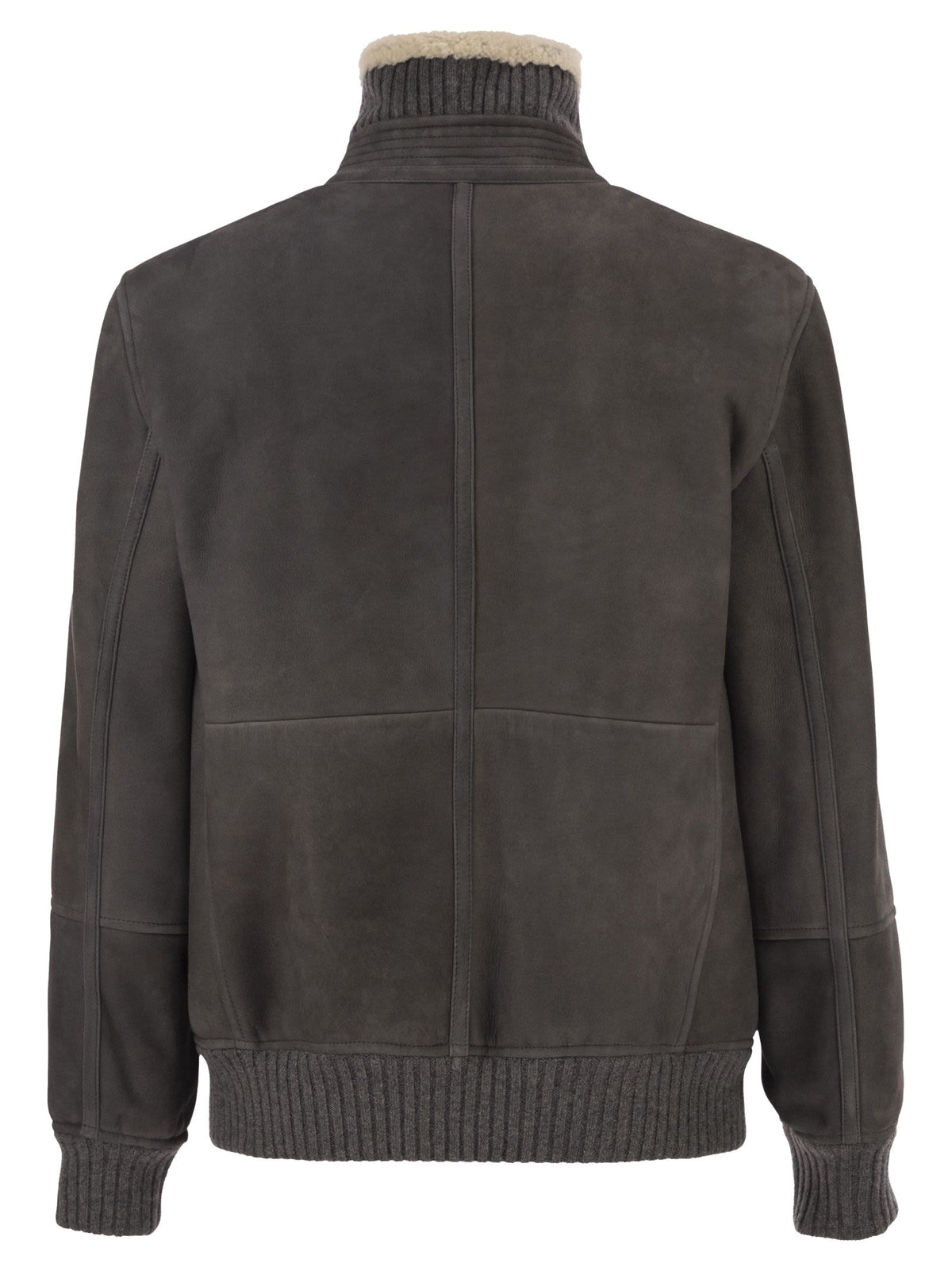 Brunello Cucinelli Men Shearling Aviator Jacket With Cashmere Knit Details