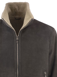 Brunello Cucinelli Men Shearling Aviator Jacket With Cashmere Knit Details