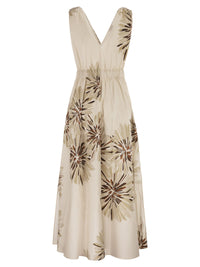 Brunello Cucinelli Women Long Cotton Dress With Floral Print And Matching Belt