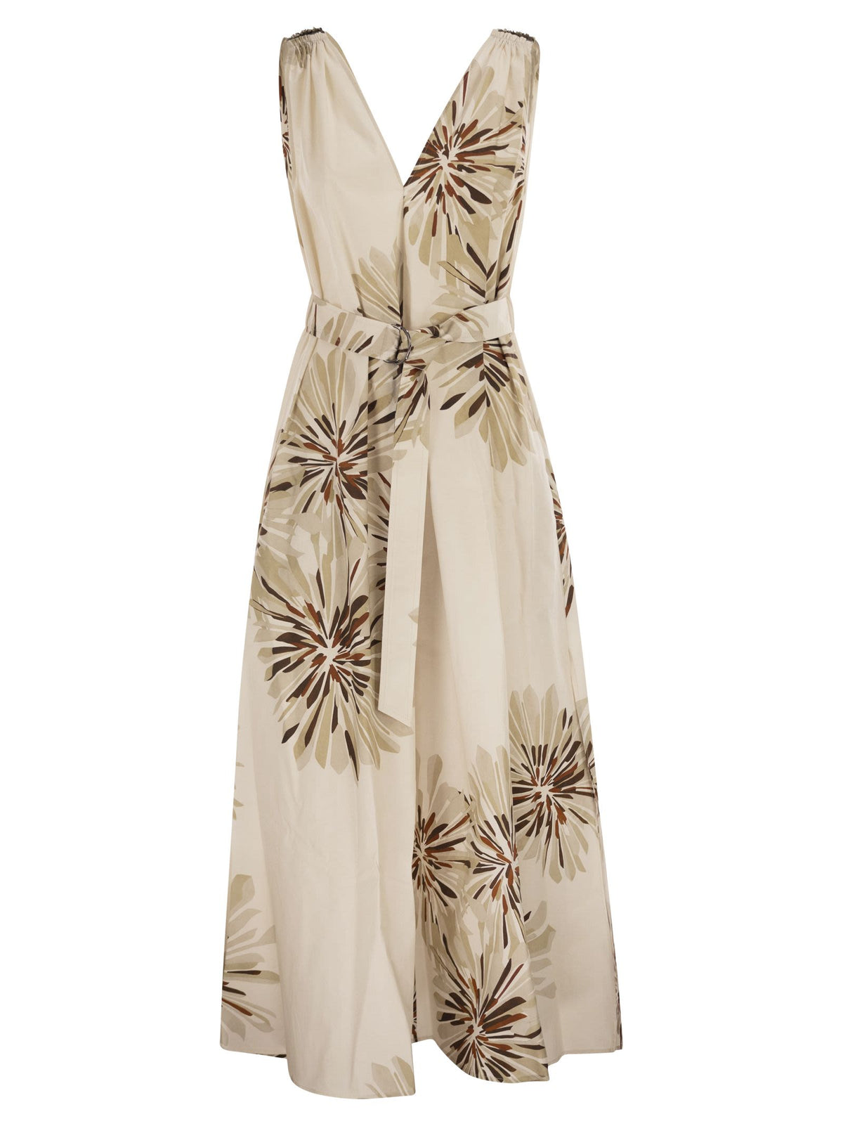 Brunello Cucinelli Women Long Cotton Dress With Floral Print And Matching Belt
