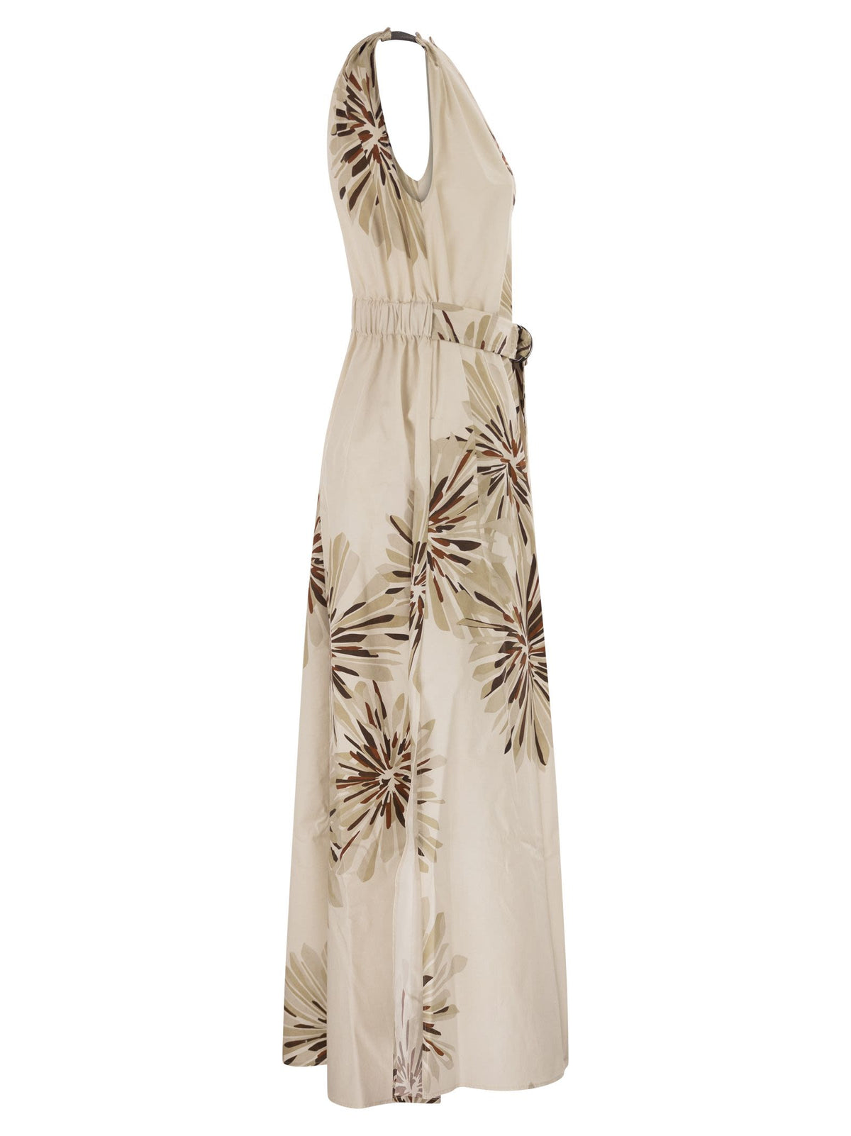 Brunello Cucinelli Women Long Cotton Dress With Floral Print And Matching Belt