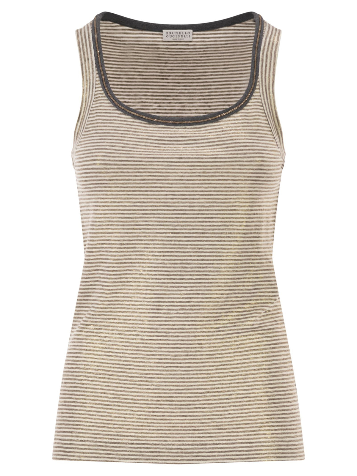 Brunello Cucinelli Women Linen Striped Crew Neck Top With Contrasting Trim And Necklace