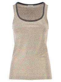 Brunello Cucinelli Women Linen Striped Crew Neck Top With Contrasting Trim And Necklace
