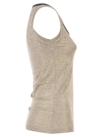 Brunello Cucinelli Women Linen Striped Crew Neck Top With Contrasting Trim And Necklace