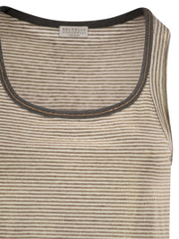 Brunello Cucinelli Women Linen Striped Crew Neck Top With Contrasting Trim And Necklace