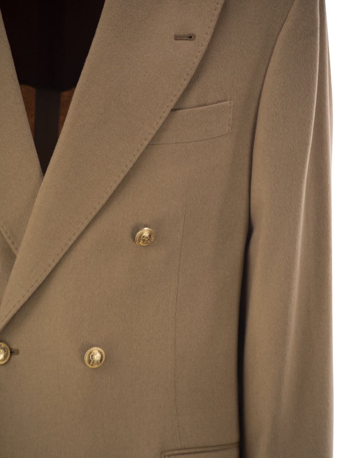 Brunello Cucinelli Men Double-Breasted Pure Camel Hair Blazer With Gold-Tone Buttons